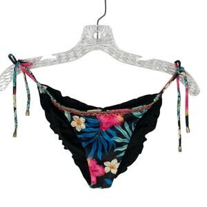 nwot LATEEN Bikini Bottom S Floral Bead Ruched Gold Tassels Adjustable Ties Bow